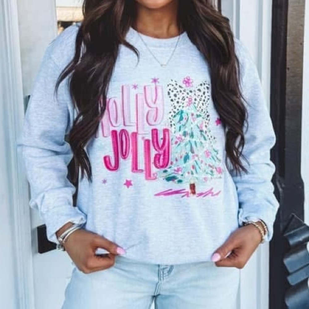 Gildan Light Gray with pink Holly Jolly Christmas tree Sweatshirt size medium